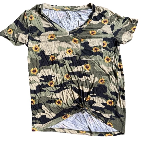 Juniors Camo with Sunflowers V-Neck Shirt - Picture 1 of 3